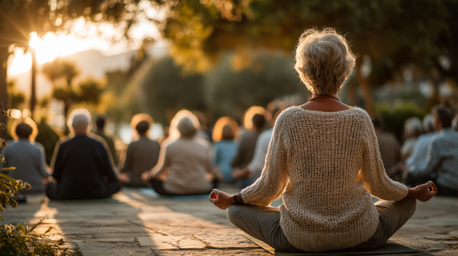 Grup de seniori practicând yoga în aer liber